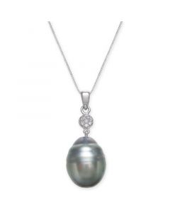 Cultured Black Tahitian Pearl (12 mm) and Diamond Accent Pendant Necklace in 14k White Gold