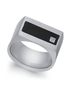 Men's Stainless Steel Cubic Zirconia and Black Enamel Ring