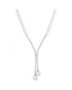 Cultured Freshwater Pearl (5mm & 10 x 8mm) & Cubic Zirconia Lariat Necklace in Sterling Silver, Created for Macy's