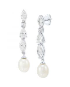 Cultured Freshwater Pearl (9 x 7mm) & Cubic Zirconia Drop Earrings in Sterling Silver, Created for Macy's