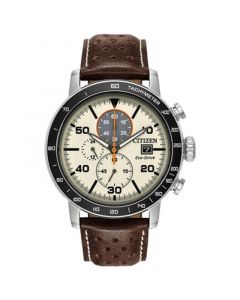 Eco-Drive Men's Chronograph Brown Leather Strap Watch 44mm