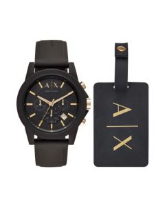 Men's Chronograph  Black Silicone Strap Watch 45mm Gift Set