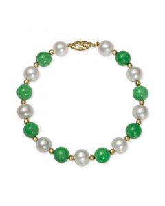 14k Gold Bracelet, Cultured Freshwater Pearl and Jade