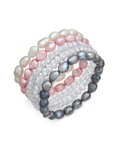 5-Pc. Set White, Pink & Gray Cultured Freshwater Baroque Pearl (7mm) and Rondel Crystal Stretch Bracelets