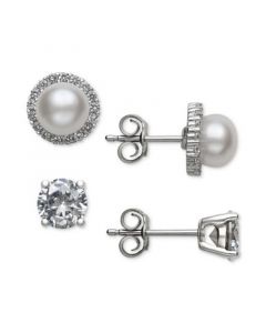 2-Pc. Set Cultured Freshwater Pearl (6mm) & Cubic Zirconia Stud Earrings in Sterling Silver, Created for Macy's