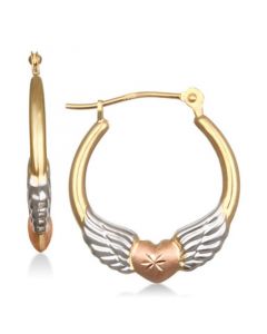 Tri-Color Winged Heart Hoop Earrings in 10k Gold