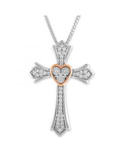 Diamond Cross Pendant Necklace (1/10 ct. t.w.) in Sterling Silver & 14k Rose Gold