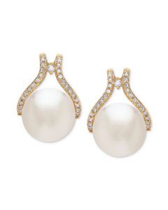 Cultured White Ming Pearl (12mm) & Diamond (1/3 ct. t.w.) Stud Earrings in 14k Gold