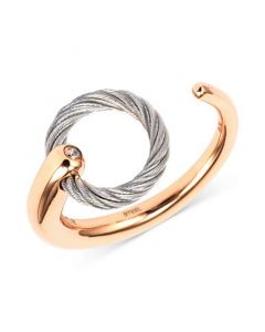 White Topaz Accent Two-Tone Circle Cuff Ring in Stainless Steel and Rose Gold-Tone PVD Stainless Steel