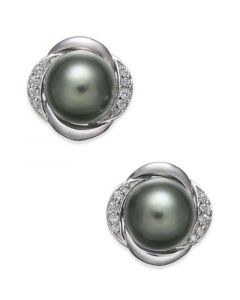 Cultured Tahitian Pearl (8mm) & Diamond (1/8 ct. t.w.) Stud Earrings in 14k White Gold