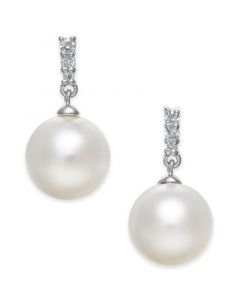 Cultured Freshwater Pearl (8mm) & Diamond Accent Drop Earrings in 14k White Gold