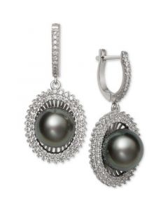 Black Cultured Tahitian Pearl (10mm) & Cubic Zirconia Drop Earrings in Sterling Silver