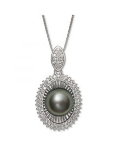 Black Cultured Tahitian Pearl (10mm) & Cubic Zirconia 18" Pendant Necklace in Sterling Silver