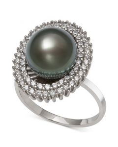 Black Cultured Tahitian Pearl (10mm) & Cubic Zirconia Ring in Sterling Silver