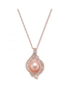 Pink Cultured Freshwater Pearl (8mm) & Diamond (1/4 ct. t.w.) 18" Pendant Necklace in 14k Rose Gold