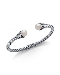 Cultured Freshwater Pearl (8mm) Filigree Bangle Bracelet in Sterling Silver