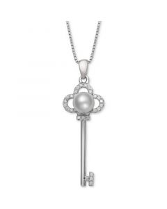 Cultured Freshwater Pearl (6mm) & Cubic Zirconia Clover Key 18" Pendant Necklace in Sterling Silver