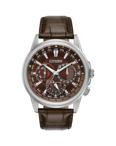 Eco-Drive Men's Calendrier Brown Leather Strap Watch 44mm