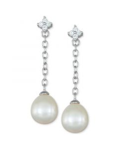 Cultured Freshwater Pearl (8mm) & Cubic Zirconia Flower Chain Earrings in Sterling Silver