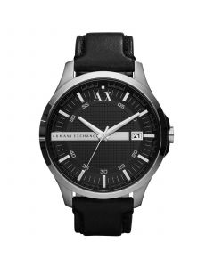 Watch, Men's Black Leather Strap 46mm AX2101