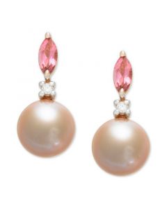 Pink Cultured Freshwater Pearl (7mm),Pink Tourmaline (1/3 ct. t.w.) & Diamond Accent Drop Earrings in 14k Rose Gold