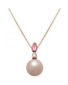 Pink Cultured Freshwater Pearl (7mm), Pink Tourmaline (1/6 ct. t.w.) & Diamond Accent 18" Pendant Necklace in 14k Rose Gold