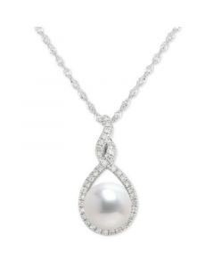 Cultured Freshwater Pearl (7mm) & Diamond (1/10 ct. t.w.) Pendant Necklace in 14k White Gold, 16" + 2" extender