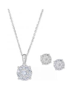 2-Pc. Diamond (1 ct. t.w.) Halo 18" Pendant Necklace & Matching Stud Earring Set in 14k White or Yellow Gold