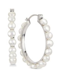 Cultured Button Freshwater Pearl (4mm) Hoop Earrings in Sterling Silver