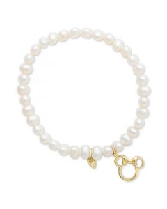 Children's Cultured Freshwater Pearl (4mm) Minnie Mouse Charm Stretch Bracelet in 14k Gold