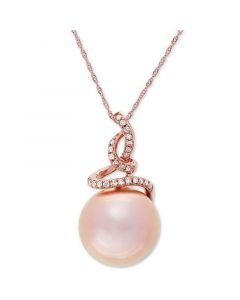 Pink Cultured Ming Pearl (13mm) & Diamond (1/8 ct. t.w.) 18" Pendant Necklace in 14k Rose Gold