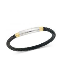 Two-Tone Woven Black Leather Bracelet in Stainless Steel & Yellow Ion-Plate