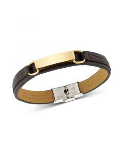 ID Plate Brown Leather Bracelet in Stainless Steel Yellow Ion-Plate