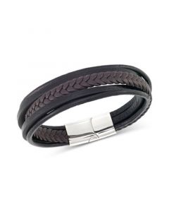 Men's Black & Brown Multi-Row Leather Bracelet in Stainless Steel