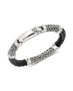 Black Leather Bracelet in Stainless Steel