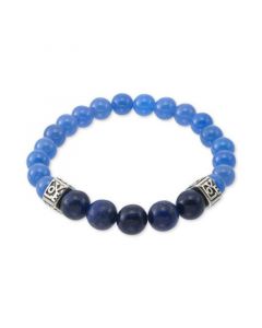 Dyed Black Lapis Lazuli (10mm) & Blue Agate (8mm) Men's Stretch Bracelet in Stainless Steel