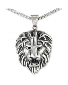 Black Agate Lion Head 24" Pendant Necklace in Stainless Steel