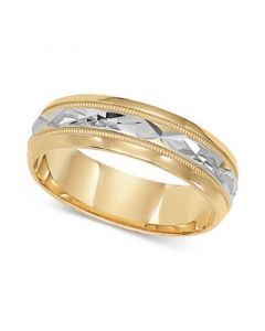 Two-Tone Decorative Beaded Edge Wedding Band in 14k Gold & White Gold