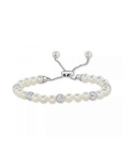 White Cultured Freshwater Pearl (6mm) & Crystals Bolo Bracelet in Sterling Silver