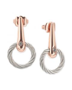 White Topaz Accent Circle Drop Earrings in PVD Stainless Steel & Rose Gold-Tone