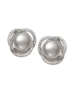 Cultured Freshwater Pearl (9mm) & Cubic Zirconia Spiral Stud Earrings in Sterling Silver