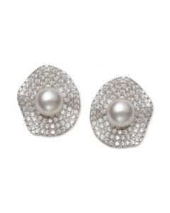 Cultured Freshwater Pearl (6mm) & Cubic Zirconia Button Stud Earrings in Sterling Silver