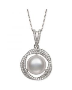 Cultured Freshwater Pearl (11mm) & Cubic Zirconia 18" Pendant Necklace in Sterling Silver