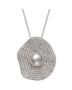 Cultured Freshwater Pearl (8mm) & Cubic Zirconia 18" Pendant Necklace in Sterling Silver