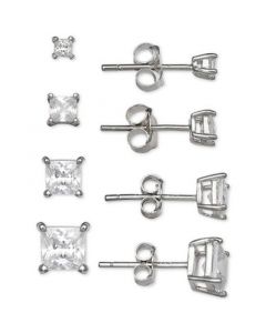 4-Pc. Set Cubic Zirconia Princess Stud Earrings in Sterling Silver, Created for Macy's