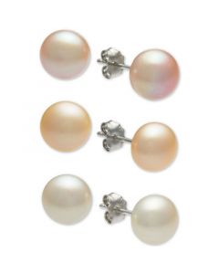 3-Pc. Set White, Pink & Peach Cultured Freshwater Button Pearl (8mm) Stud Earrings in Sterling Silver