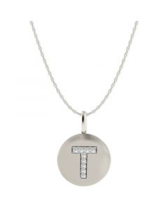 14k White Gold Necklace, Diamond Accent Letter T Disk Pendant