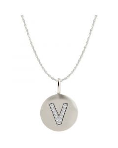 14k White Gold Necklace, Diamond Accent Letter V Disk Pendant