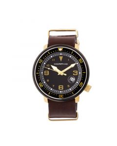 M58 Series, Gold Case, Dark Brown Nato Leather Band Watch w/ Date, 42mm