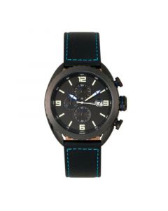 M64 Series, Black Case, Chronograph Blue Piped Black Leather Band Watch w/ Date, 48mm